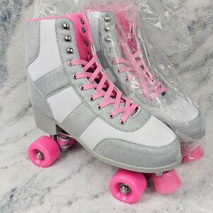 Dolls Kill Size 14 Women's Pink Glitter Gray White Quad Roller Skates Cosmic NEW